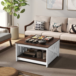 Farmhouse Coffee Table,78cm Square Coffee Table with Storage Shelf