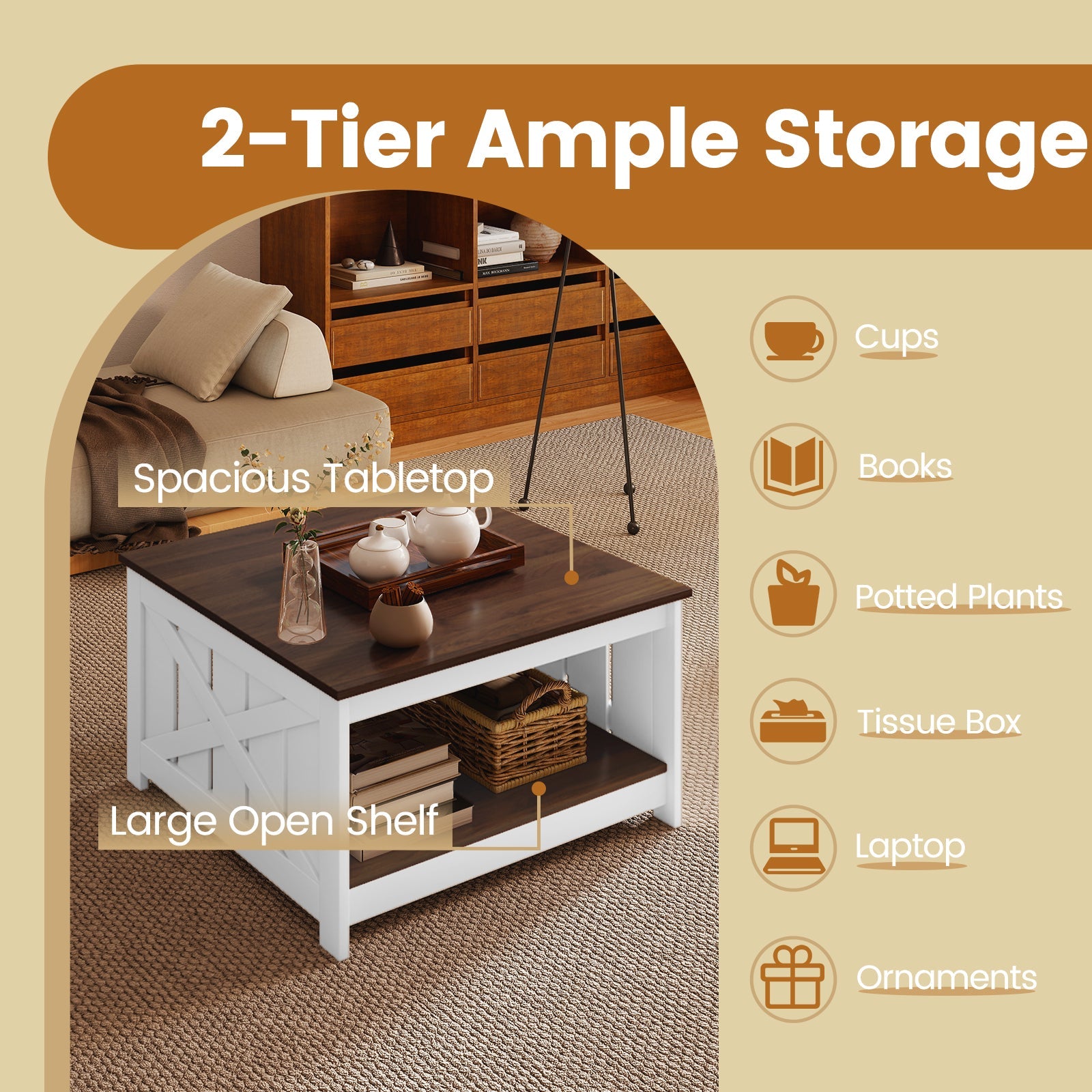 Farmhouse Coffee Table,78cm Square Coffee Table with Storage Shelf