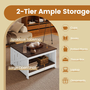 Farmhouse Coffee Table,78cm Square Coffee Table with Storage Shelf