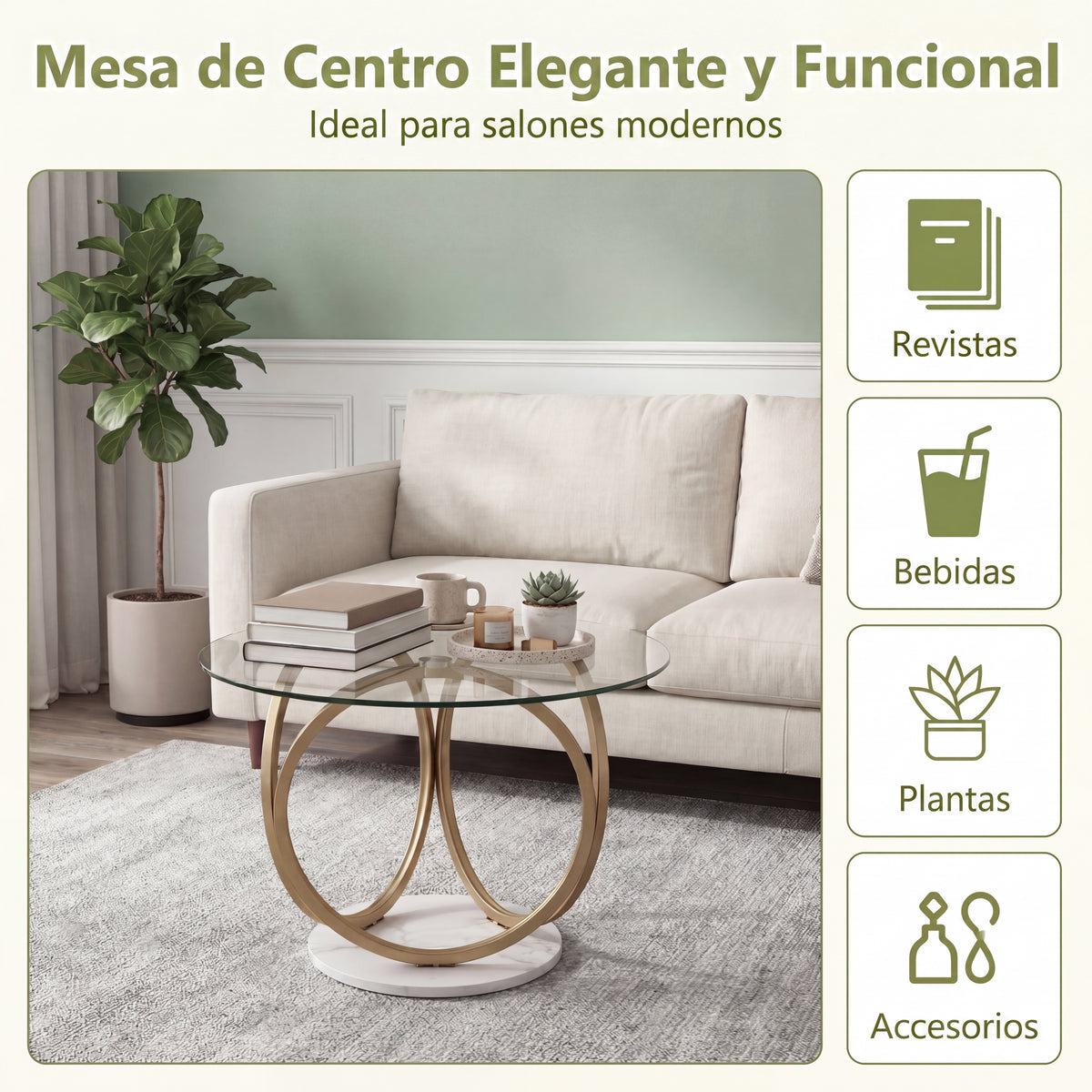 Round Glass Coffee Table, Modern Center Table with Geometric Gold Metal Ring Frame, Accent Circle Tea Table