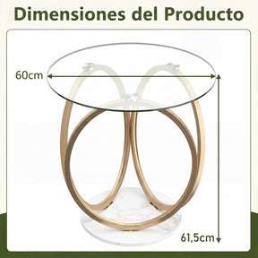 Round Glass Coffee Table, Modern Center Table with Geometric Gold Metal Ring Frame, Accent Circle Tea Table
