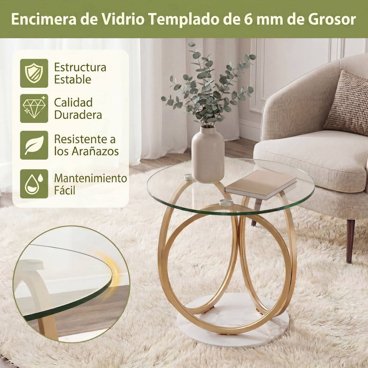 Round Glass Coffee Table, Modern Center Table with Geometric Gold Metal Ring Frame, Accent Circle Tea Table