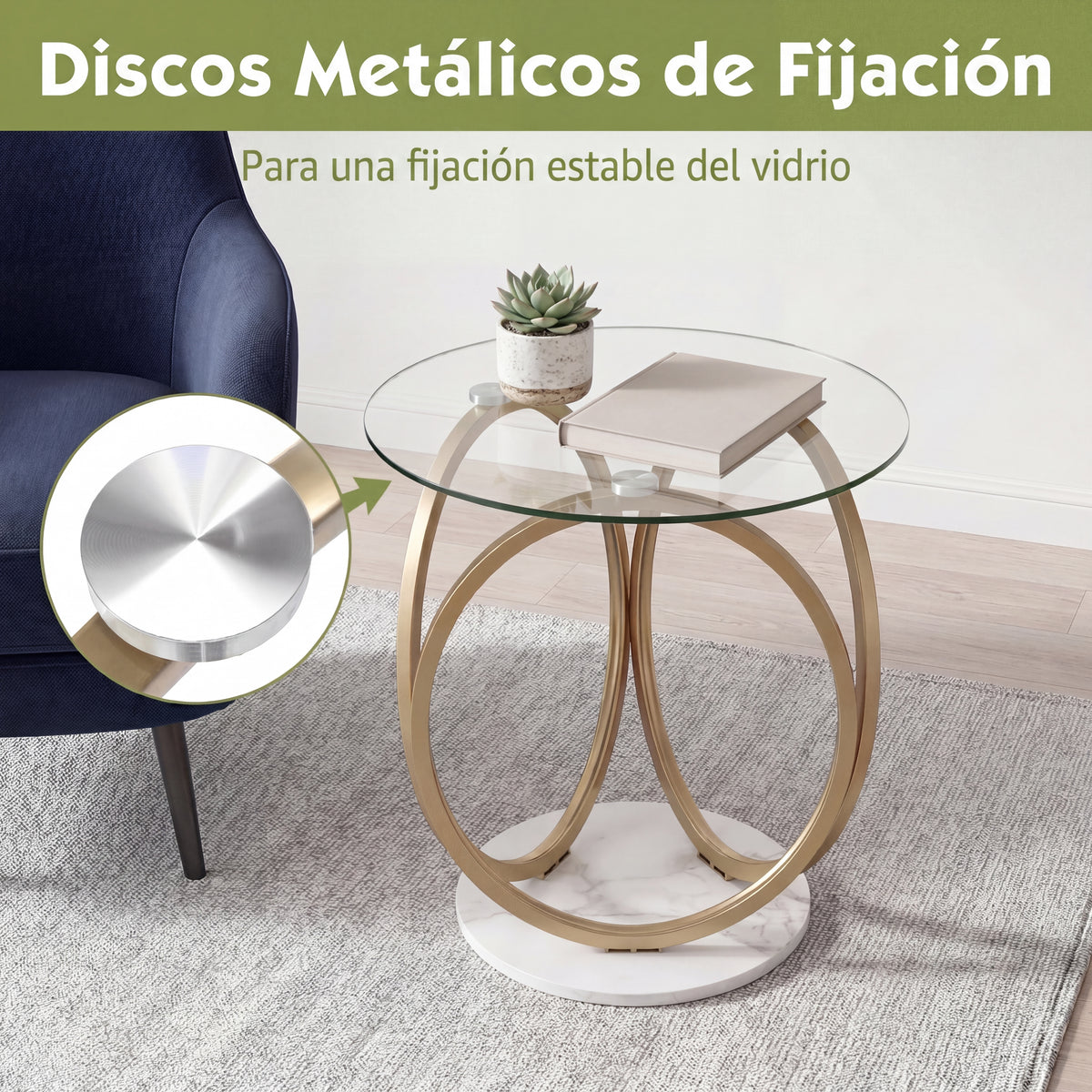 Round Glass Coffee Table, Modern Center Table with Geometric Gold Metal Ring Frame, Accent Circle Tea Table