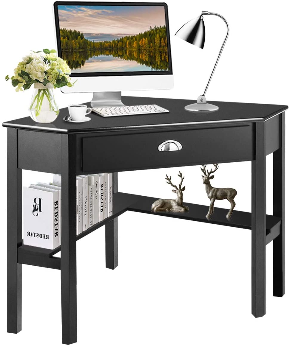 Giantex Wood Corner Computer Desk, Compact Writing Table w/Drawer & Shelves