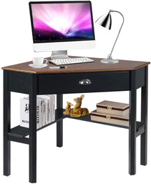 Wood Corner Computer Desk, Compact Writing Table w/Drawer & Shelves
