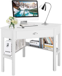 Wood Corner Computer Desk, Compact Writing Table w/Drawer & Shelves