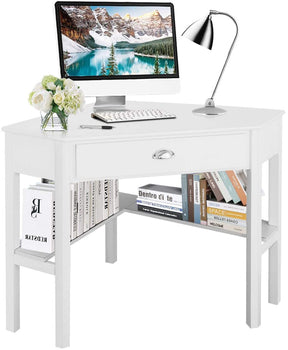 Giantex Wood Corner Computer Desk, Compact Writing Table w/Drawer & Shelves