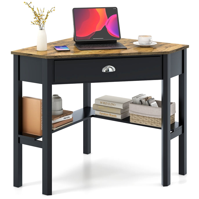 Giantex Wood Corner Computer Desk, Compact Writing Table w/Drawer & Shelves