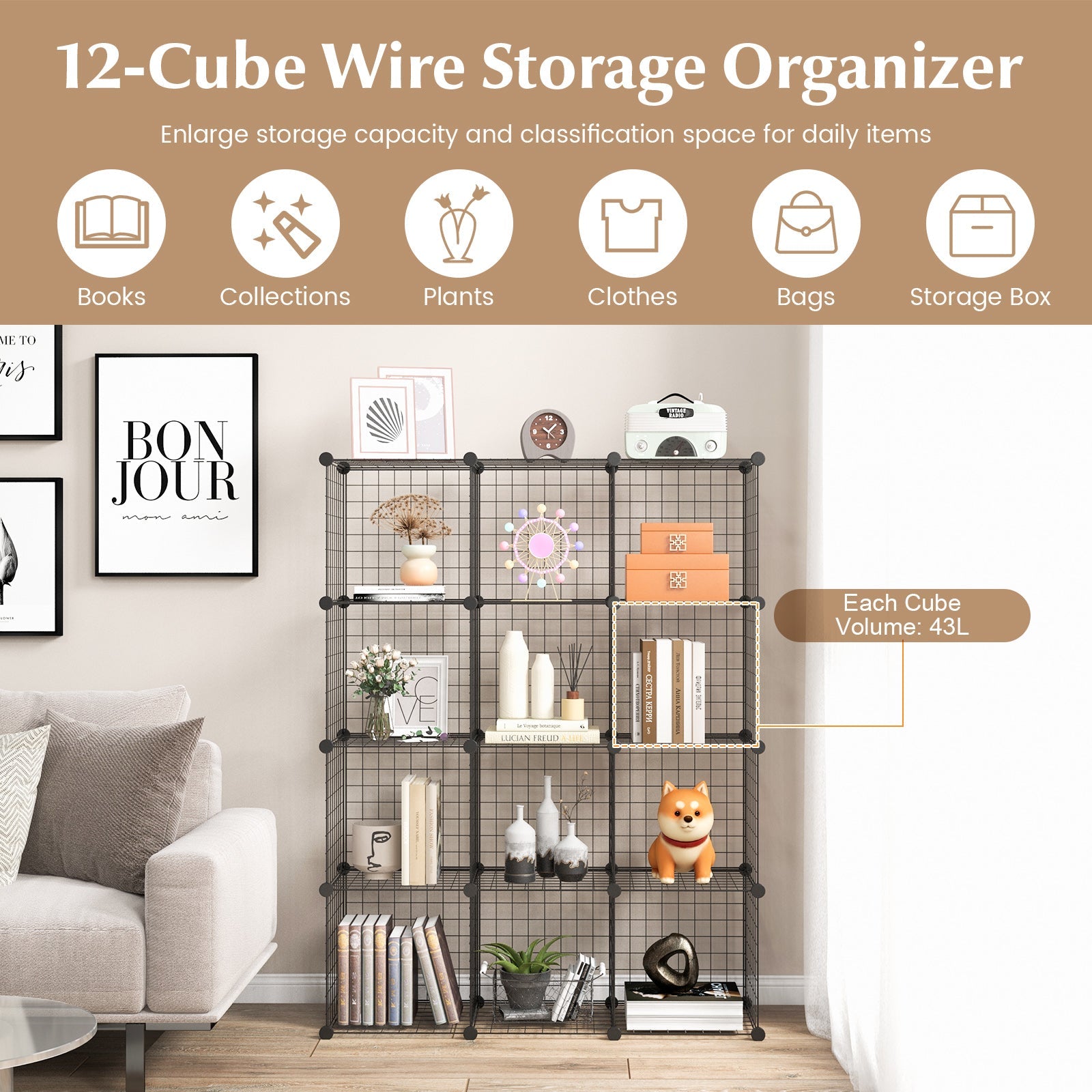 Giantex Metal Wire Cube Storage, 12-Cube Stackable Free Standing Cubby Storage Organizer Shelf