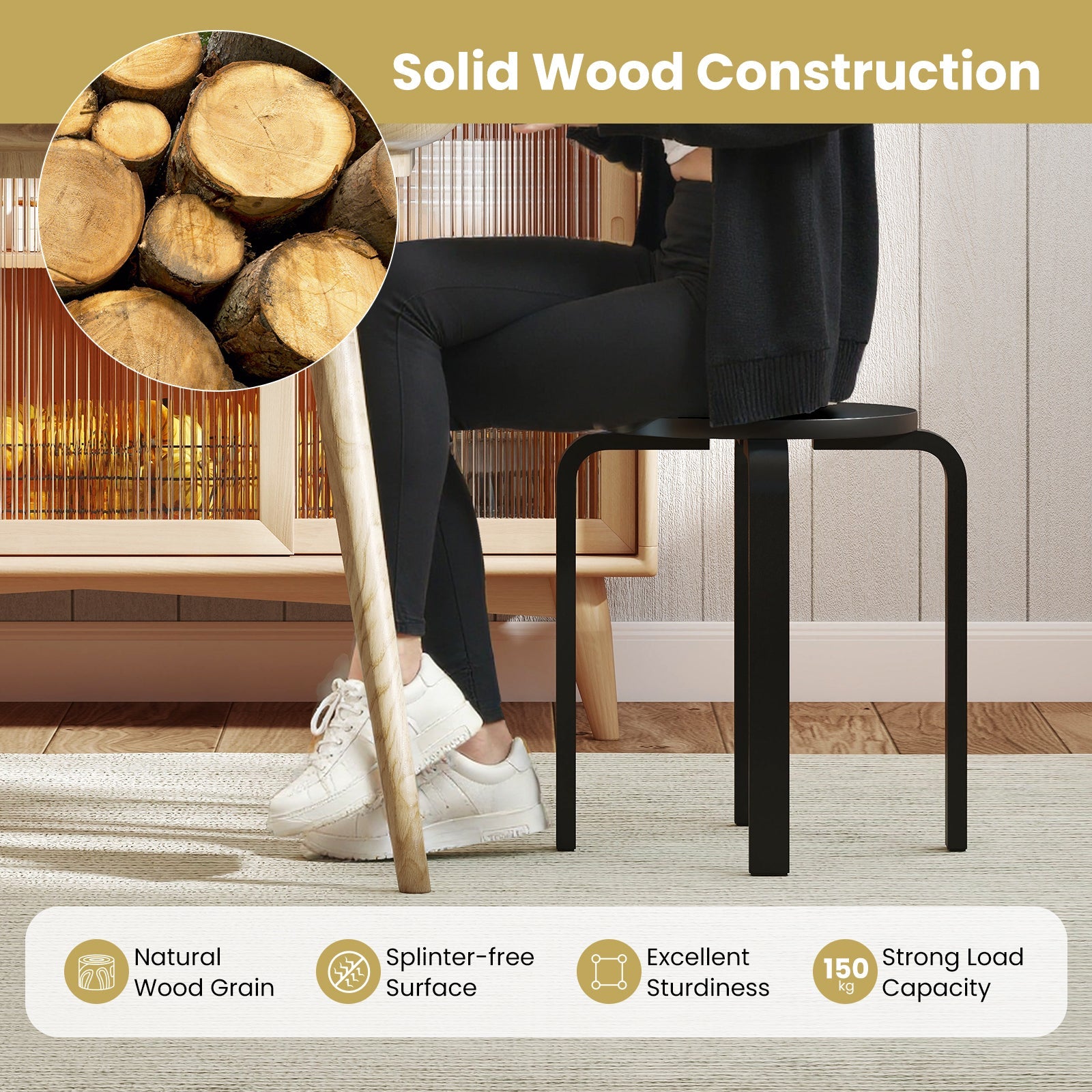 Set of 4 Round Stacking Stools, Solid Wood Dining Room Stool
