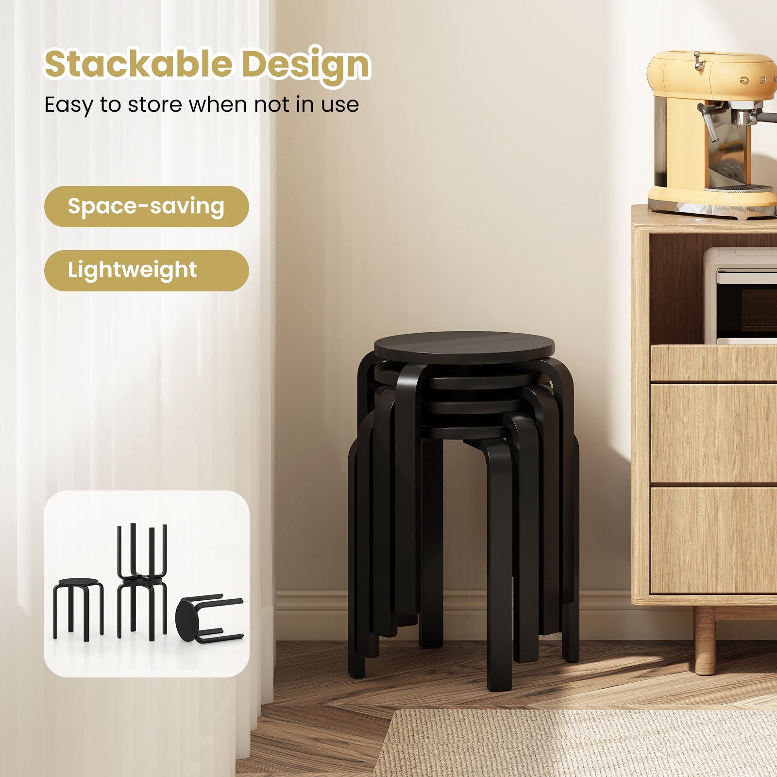 Set of 4 Round Stacking Stools, Solid Wood Dining Room Stool