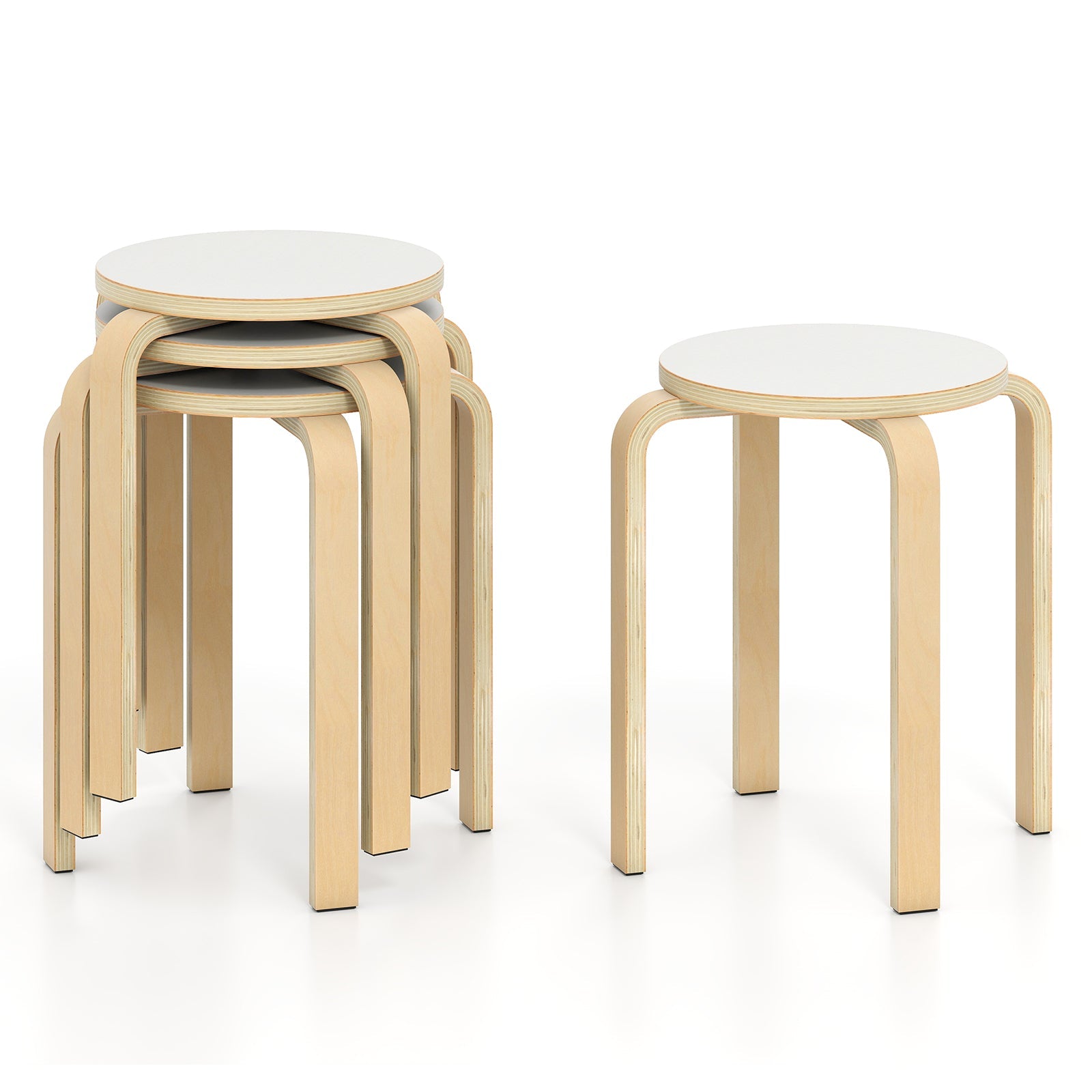 Set of 4 Round Stacking Stools, Solid Wood Dining Room Stool