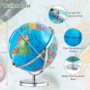 Illuminated World Globe w/ Stand, 33cm/13” Desktop Globe w/ LED Light & Clear Map