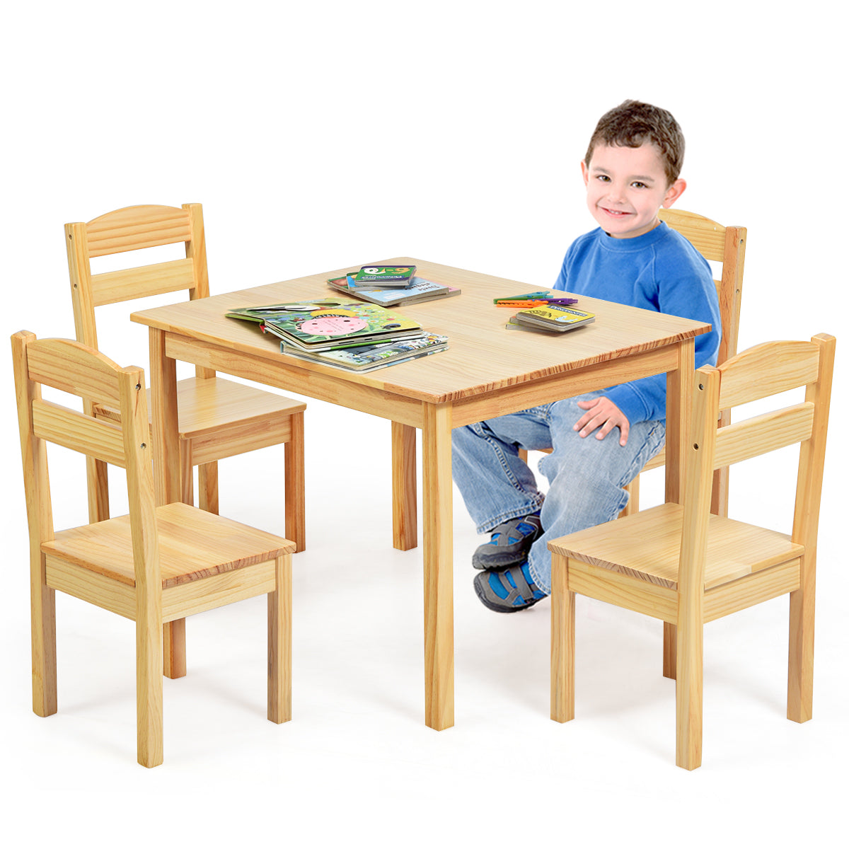 Kids Table and 4 Chairs Set 5 Pieces Wooden Activity Desk for Drawing Reading