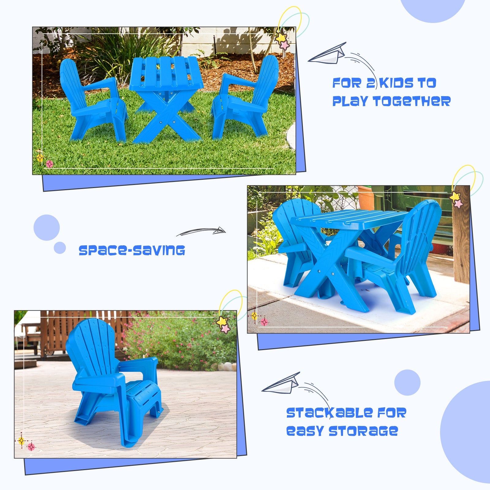 Kids Plastic Table with 2 Adirondack Chairs Set, Toddler Play Table and Chairs for Tea Time