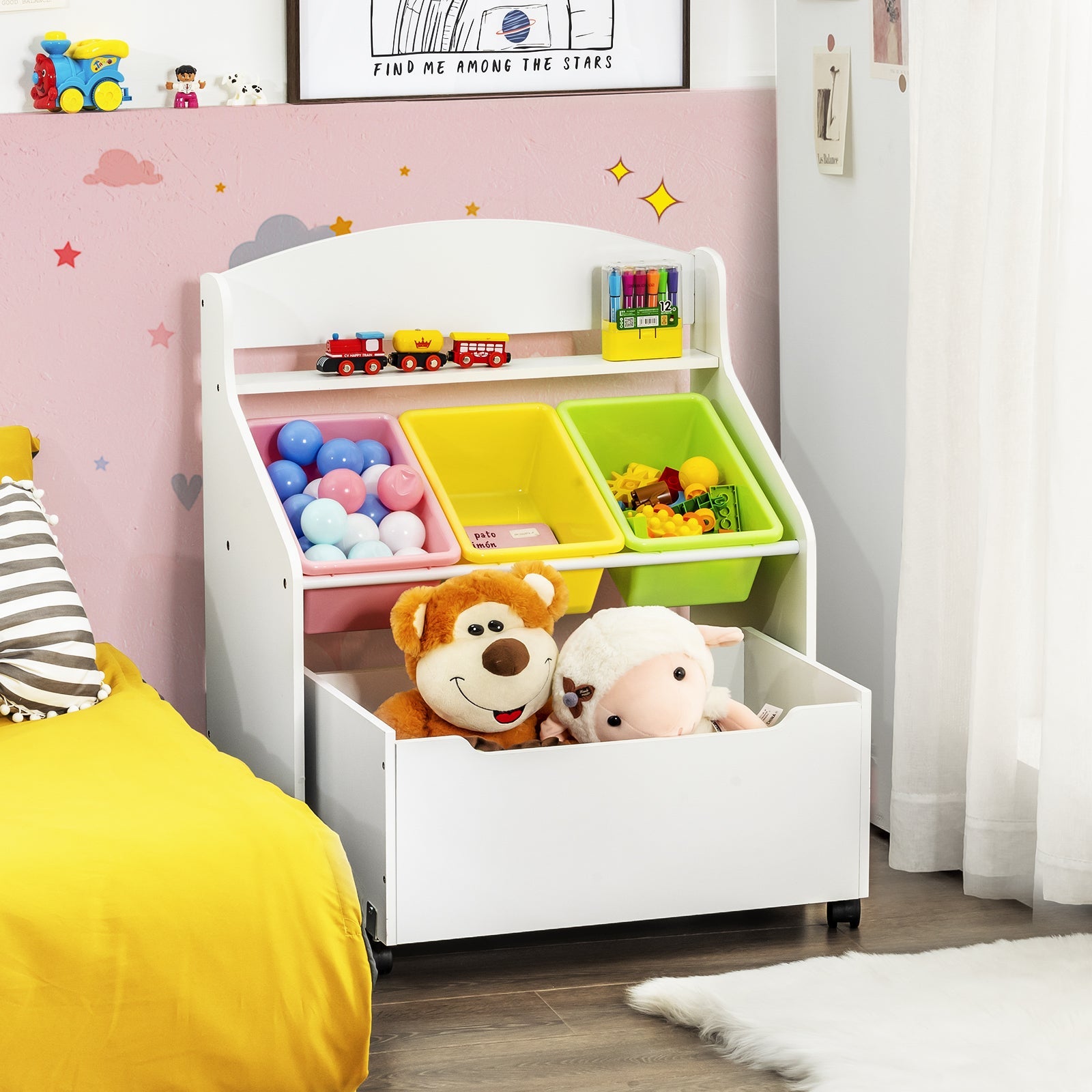 Kids Wooden Storage Cabinet with Rolling Casters