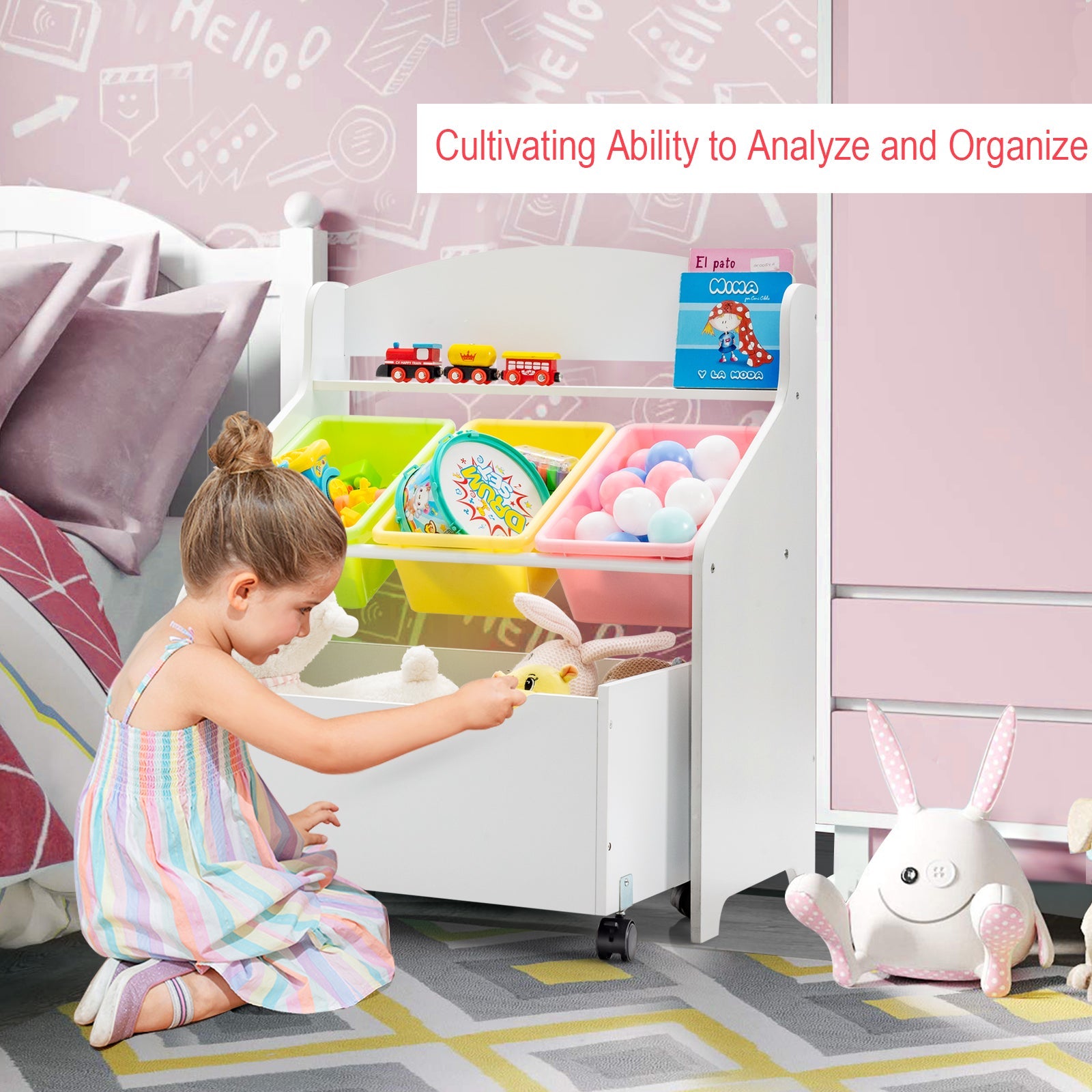 Kids Wooden Storage Cabinet, Preschool/Homeschooling Mobile Organizer Shelf