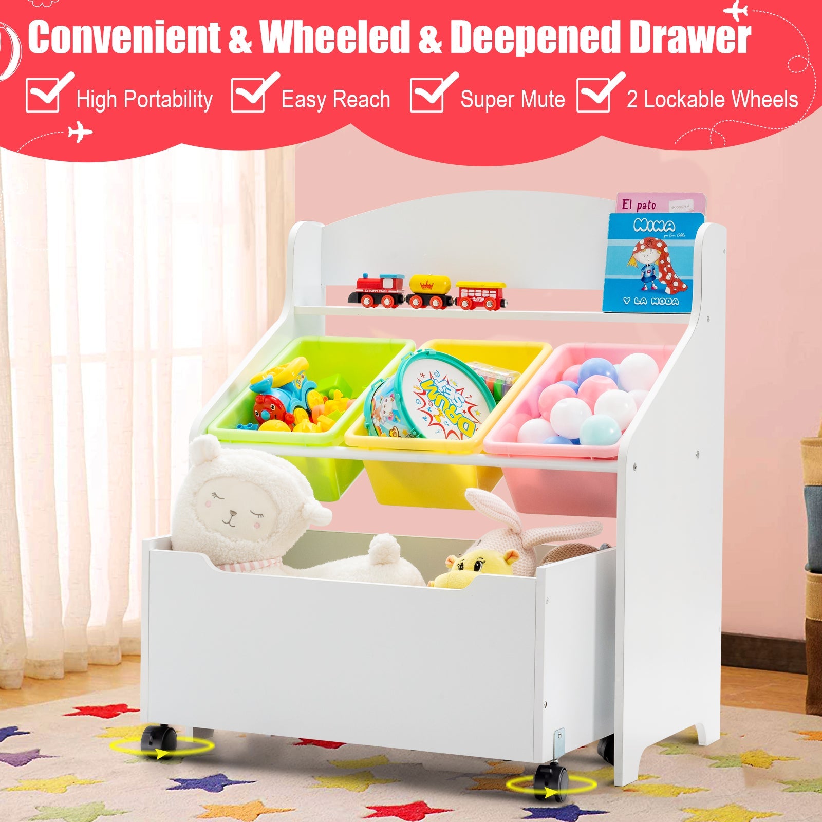 Kids Wooden Storage Cabinet with Rolling Casters