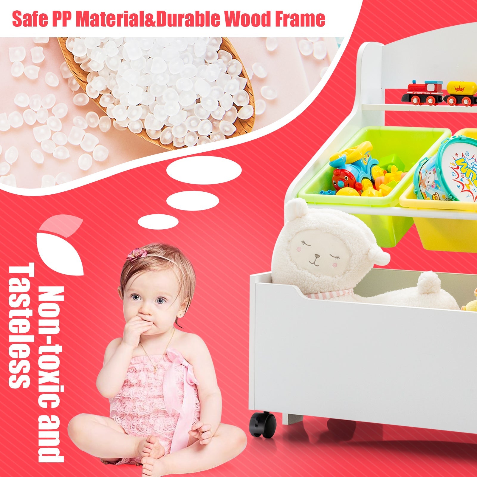 Kids Wooden Storage Cabinet with Rolling Casters