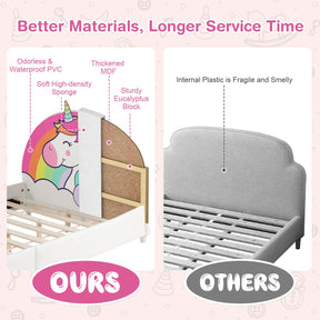 Kids Upholstered Platform Bed Children Twin Size Wooden Bed Unicorn Pattern