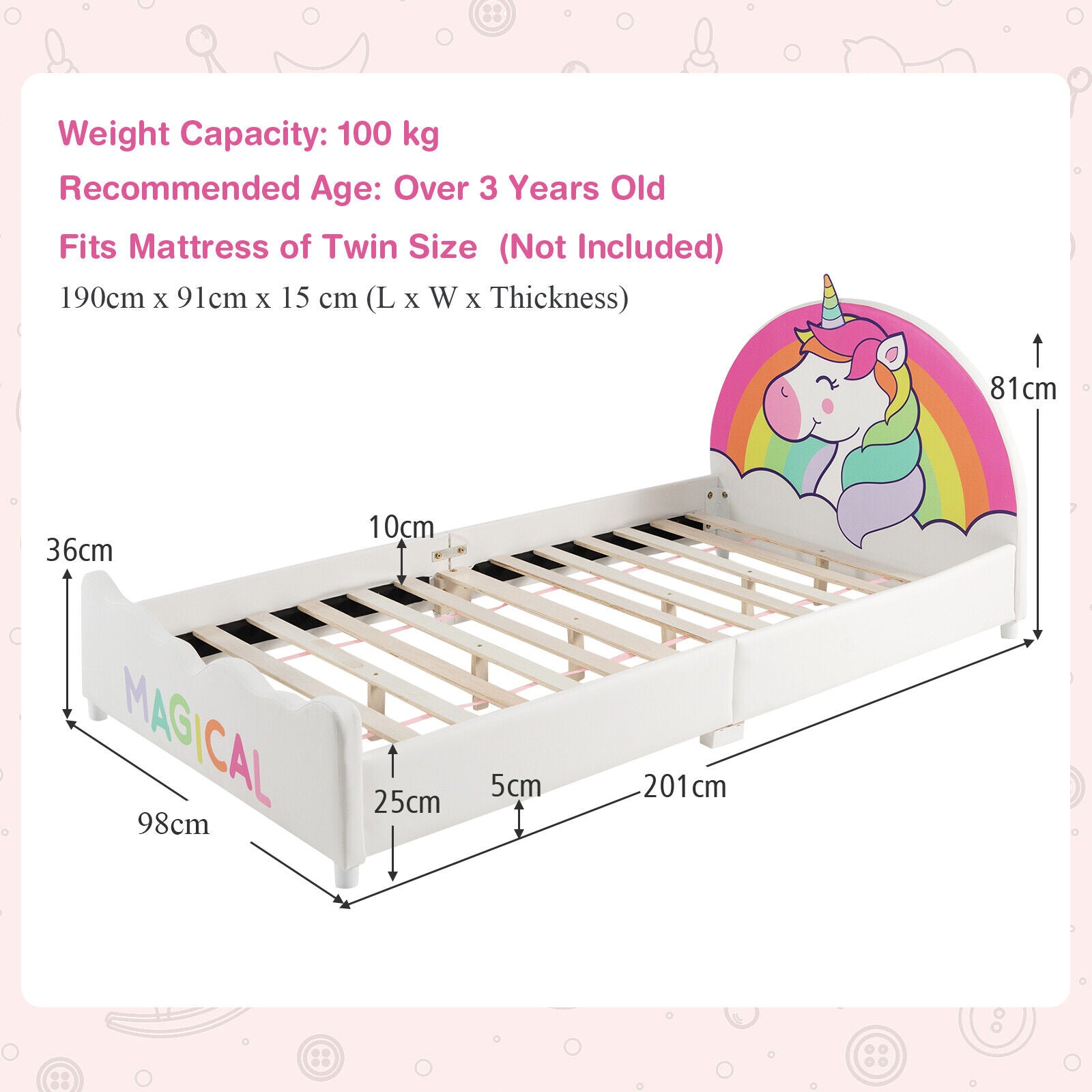 Kids Upholstered Platform Bed Children Twin Size Wooden Bed Unicorn Pattern