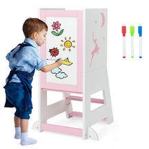 2 in 1 Wooden Kitchen Step Stop with Whiteboard & Blackboard, 3 Water-Based Pens