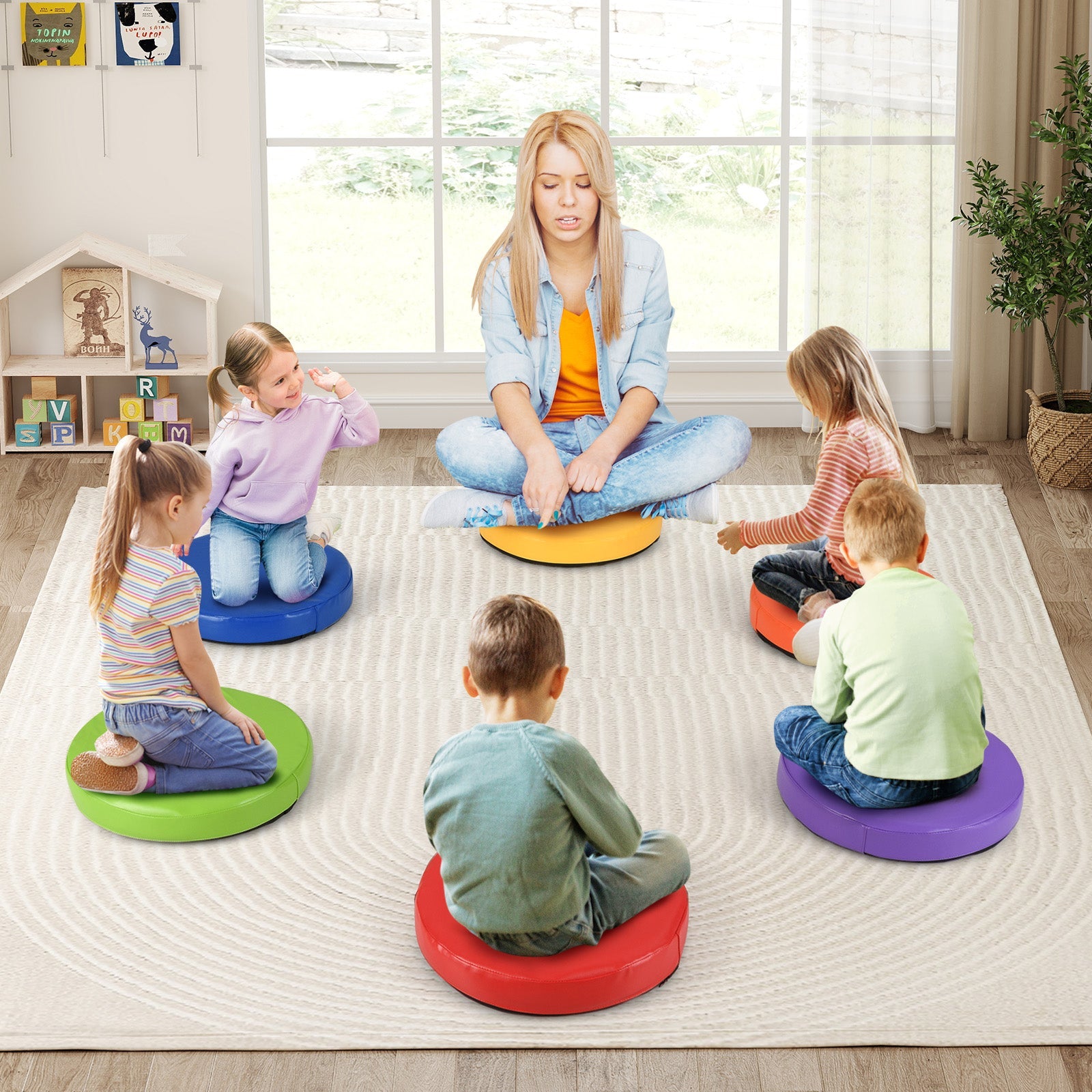 6 PCS Round Floor Cushions for Kids, 35cm Classroom Floor Cushions with Handles