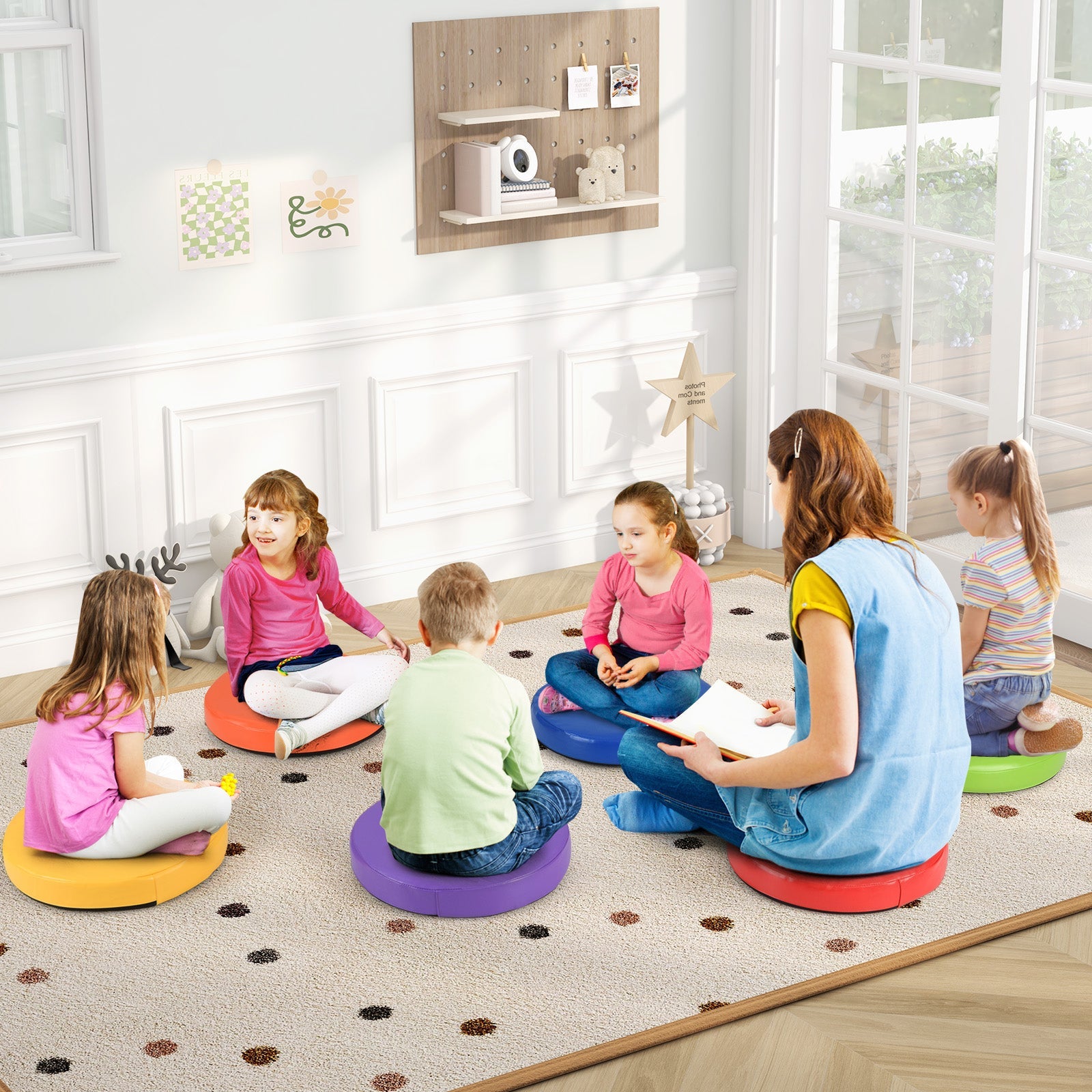 6 PCS Round Floor Cushions for Kids, 35cm Classroom Floor Cushions with Handles