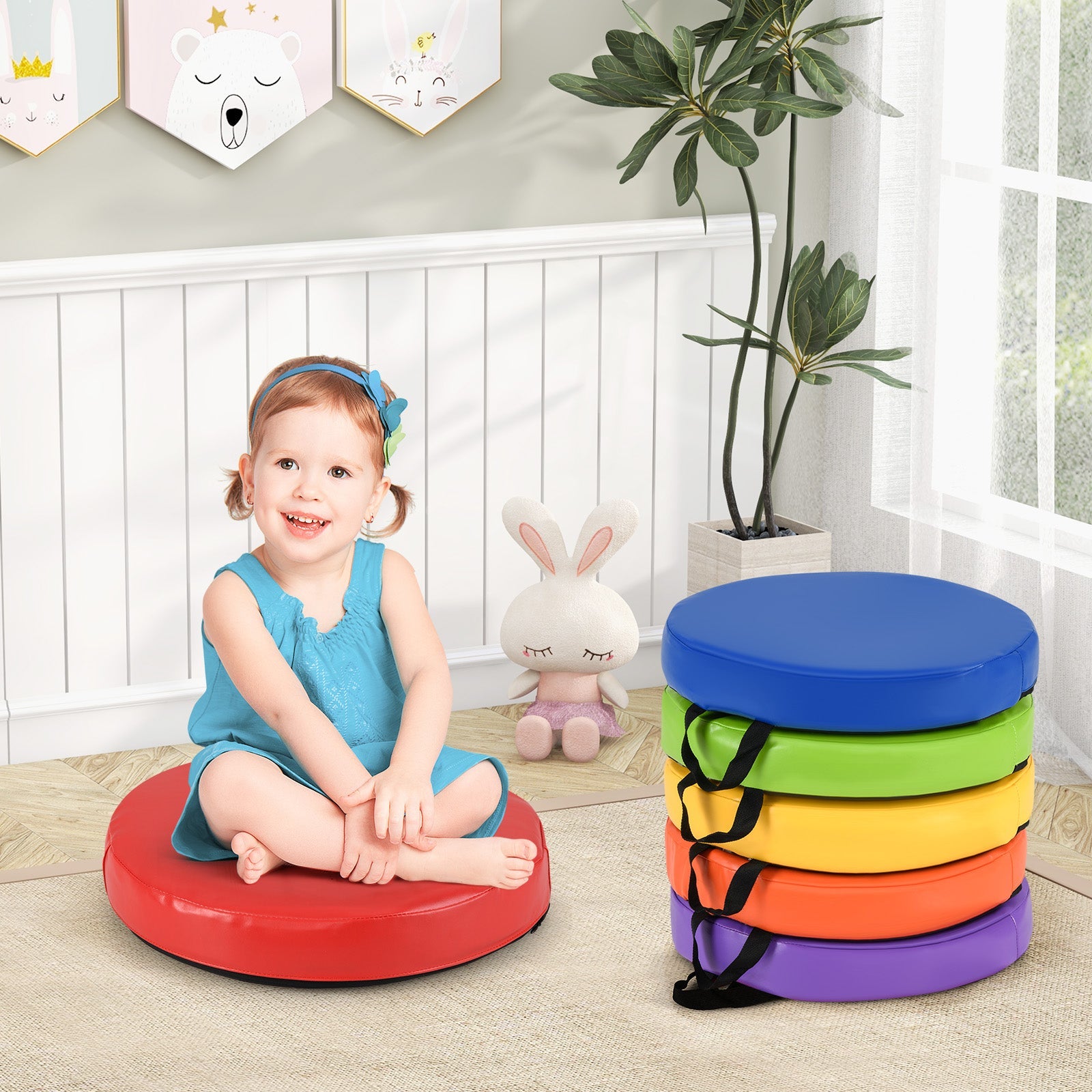6 PCS Round Floor Cushions for Kids, 35cm Classroom Floor Cushions with Handles
