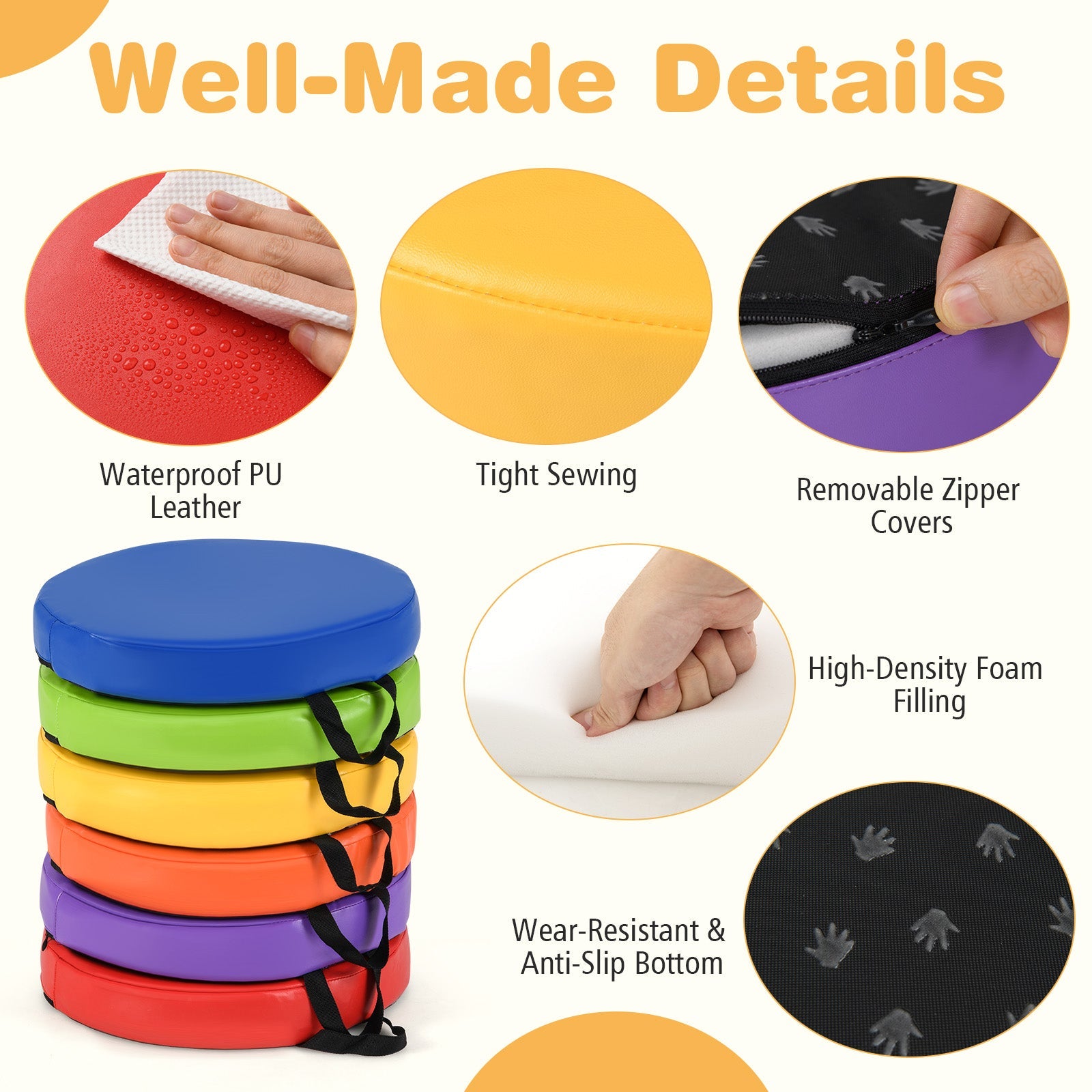 6 PCS Round Floor Cushions for Kids, 35cm Classroom Floor Cushions with Handles