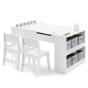 Kids Table and Chairs Set, 2 in 1 Wooden Art Table & Easel Set for Children with 2 Chairs