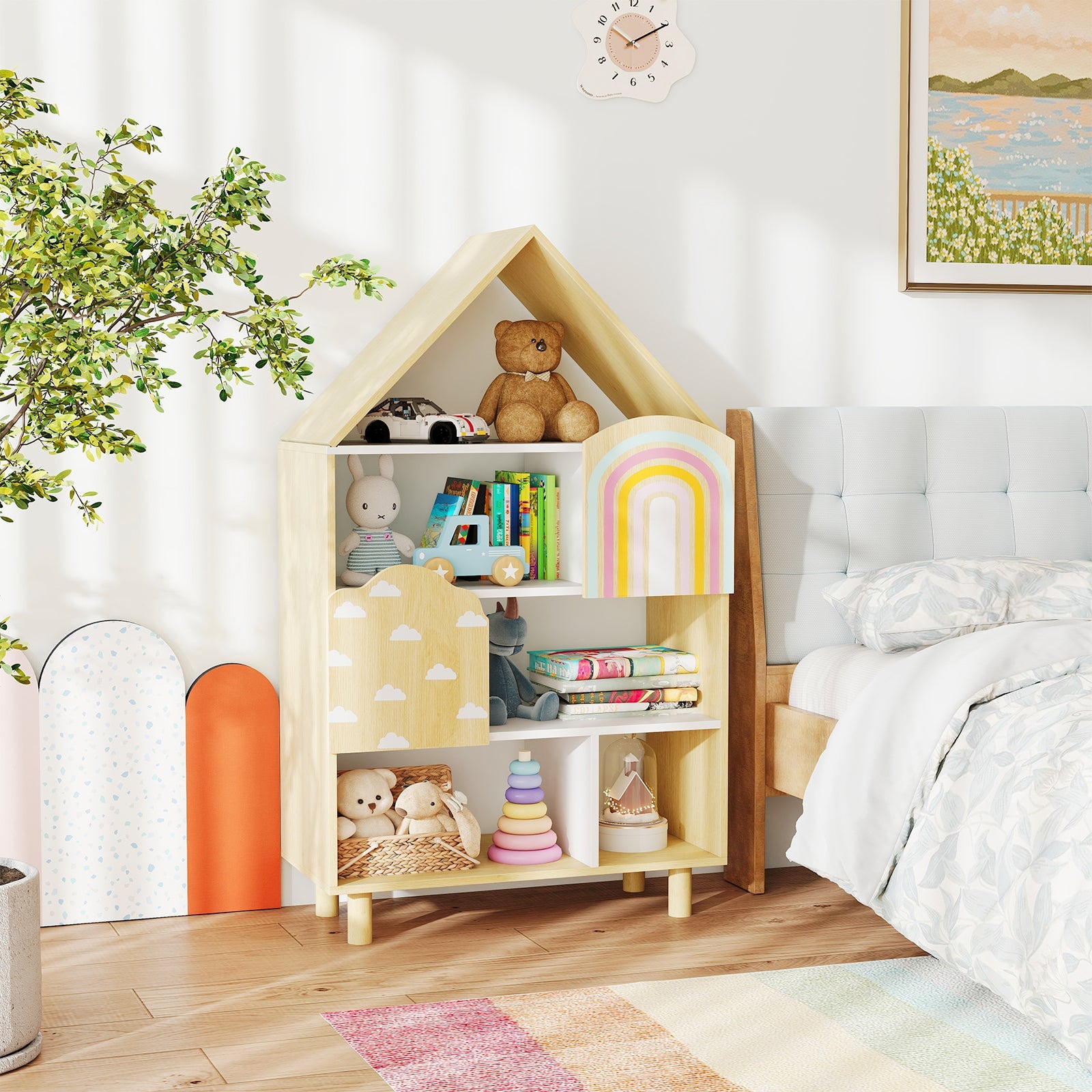 Kids Dollhouse Bookshelf, House-shaped Bookcase with 2 Doors for Playroom, Nursery, Bedroom