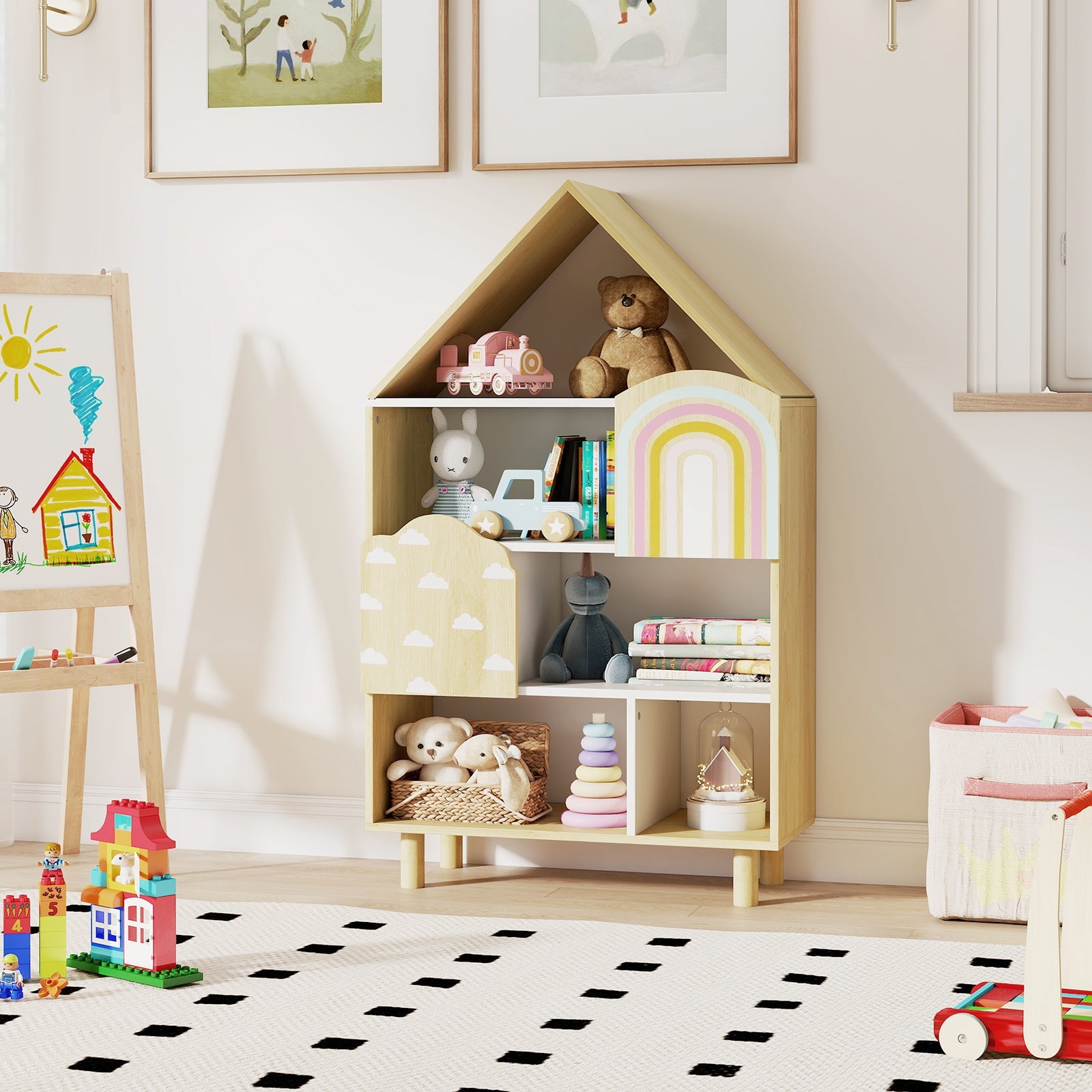Kids Dollhouse Bookshelf, House-shaped Bookcase with 2 Doors for Playroom, Nursery, Bedroom