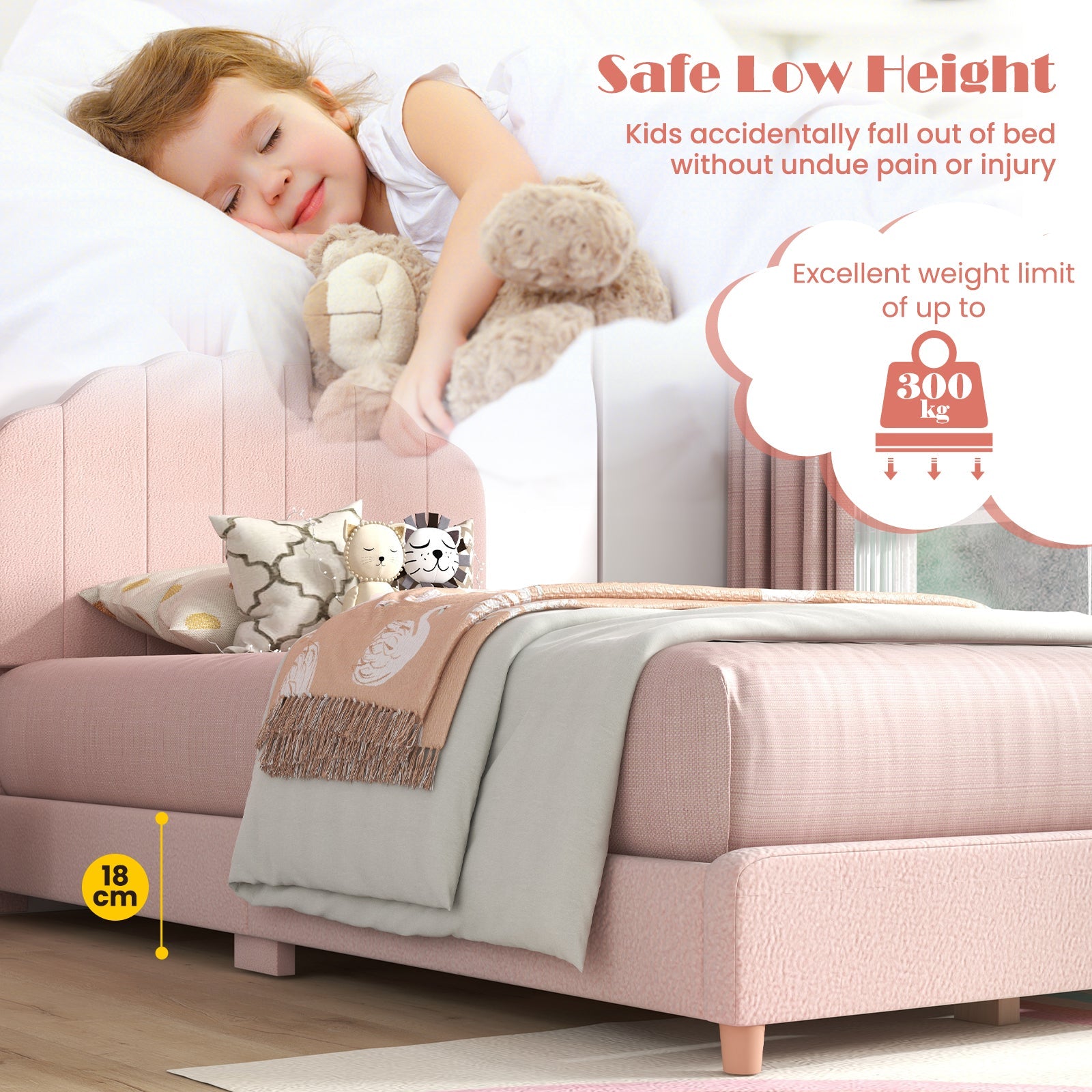 Kids Wooden Single Bed Frame, Upholstered Platform Bed Frame