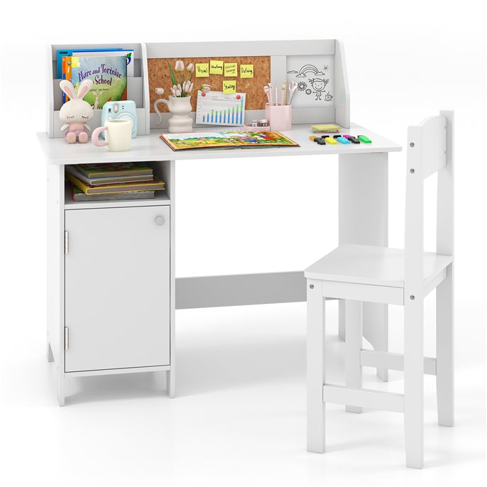 Wooden Kids Study Table and Chair Set with Hutch Bookshelf and Cabinet