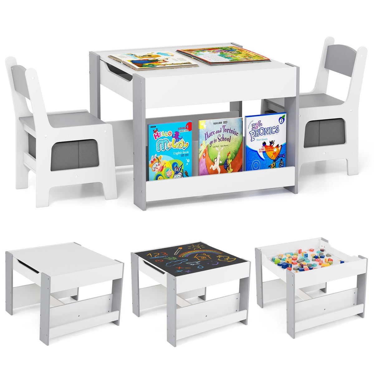 4-in-1 Kids Table and Chair Set, Wooden Activity Table, 2-in-1 Detachable Tabletop Table & Chair Set for Classroom