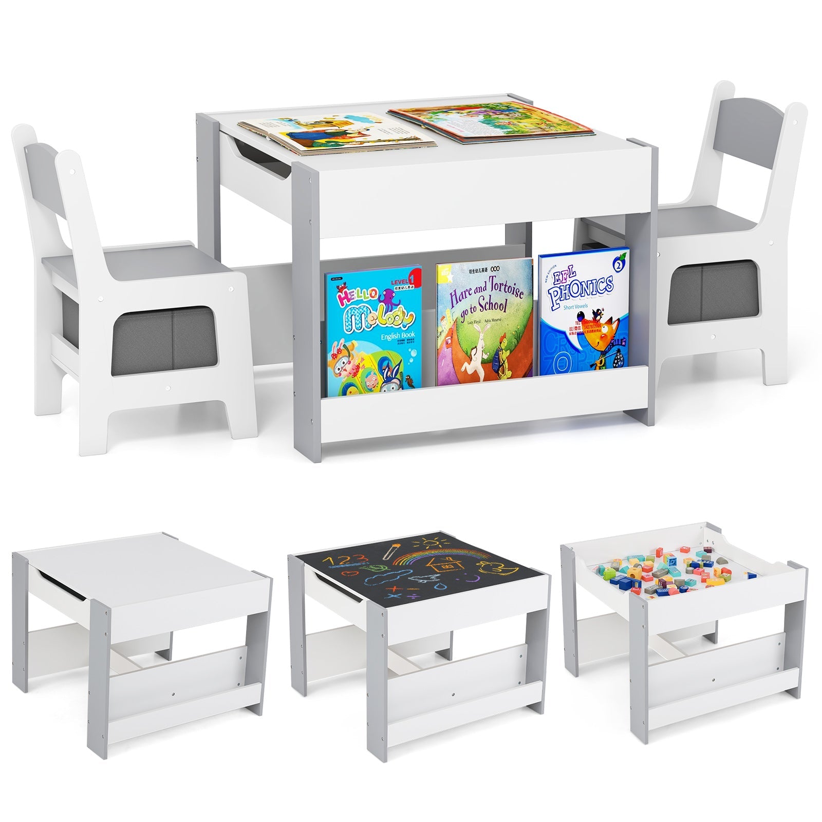 4-in-1 Kids Table and Chair Set, Wooden Activity Table, 2-in-1 Detachable Tabletop Table & Chair Set for Classroom