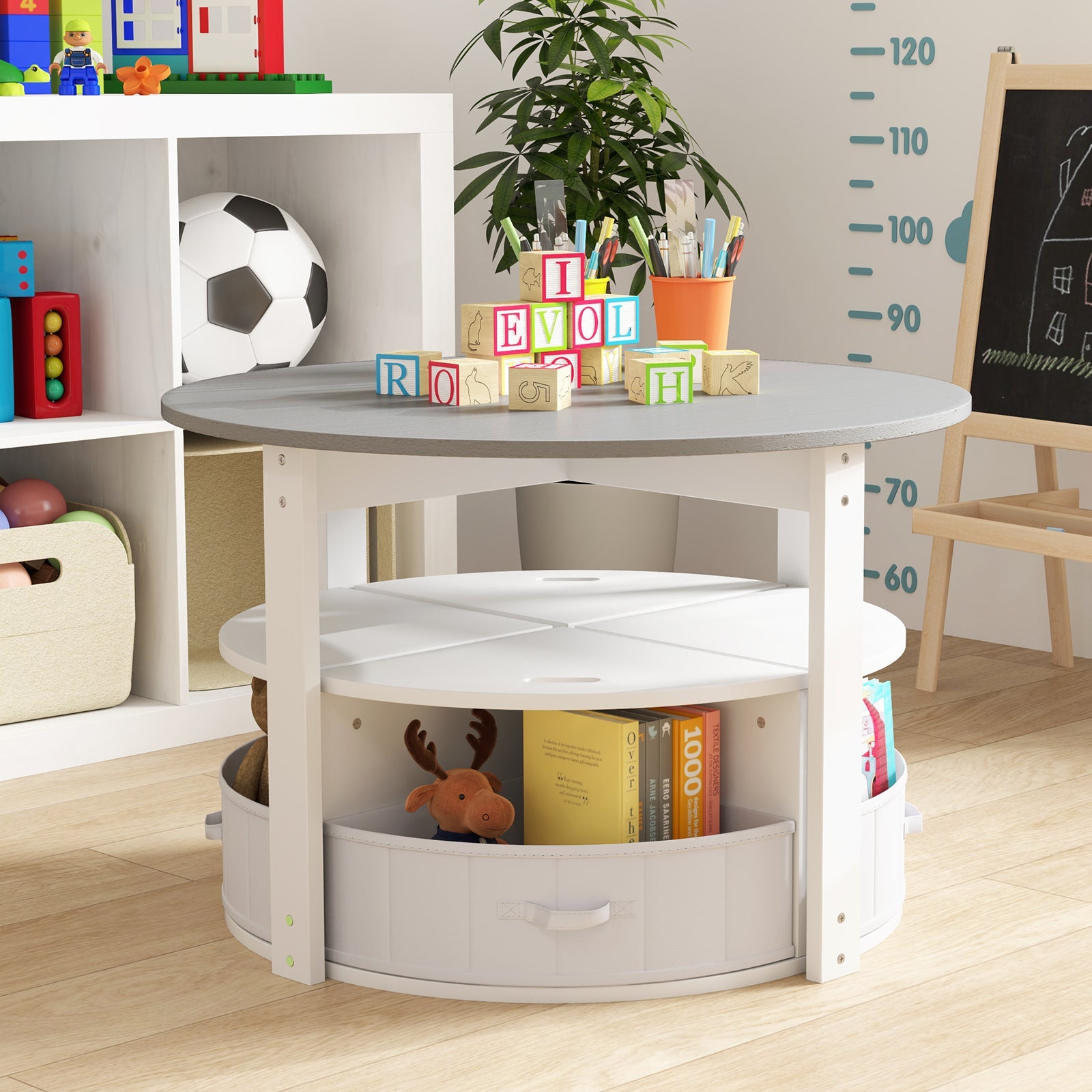 Kids Table and Chair Set, 5 Piece Toddler Round Nesting Table with 4 Storage Stools for Activity