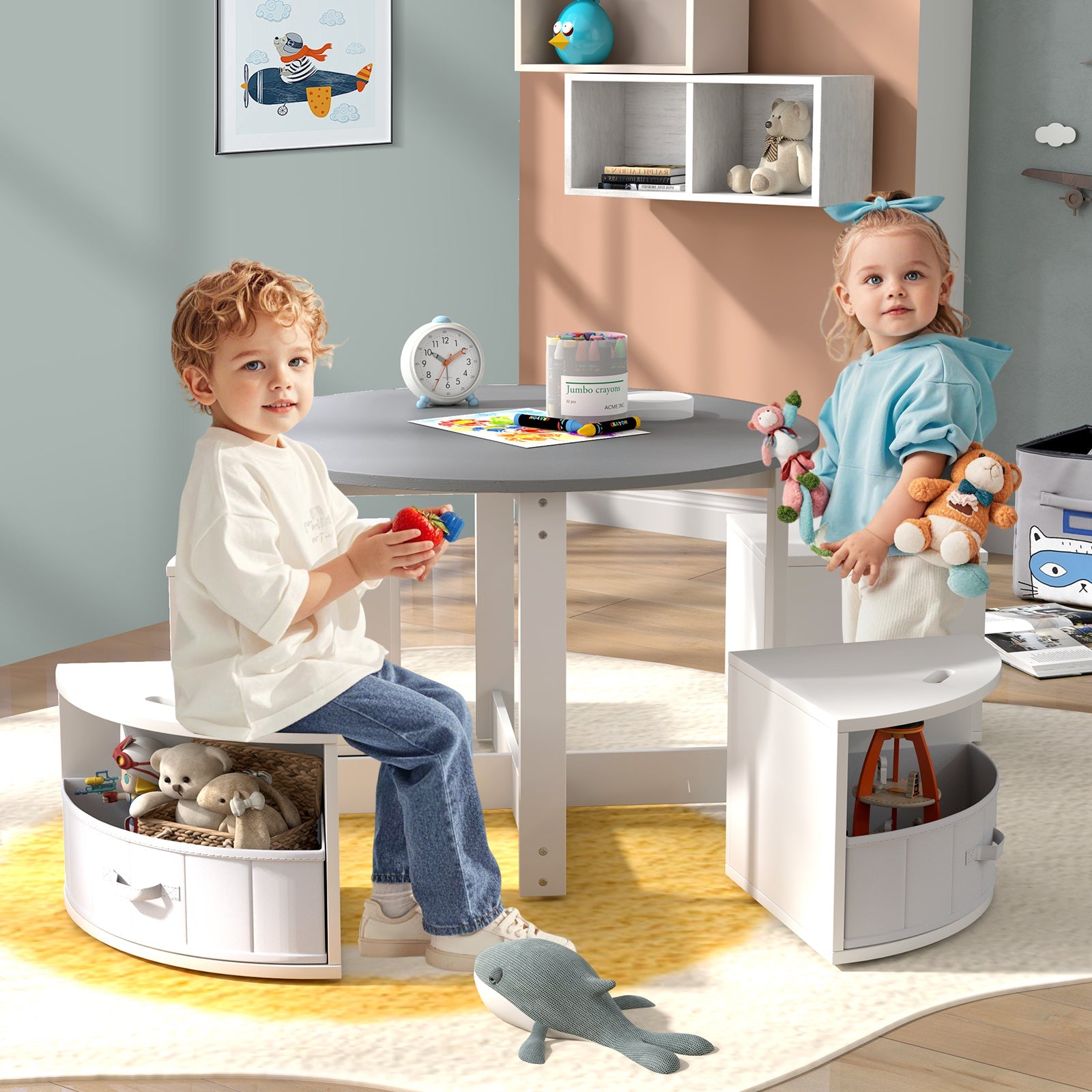 Kids Table and Chair Set, 5 Piece Toddler Round Nesting Table with 4 Storage Stools for Activity