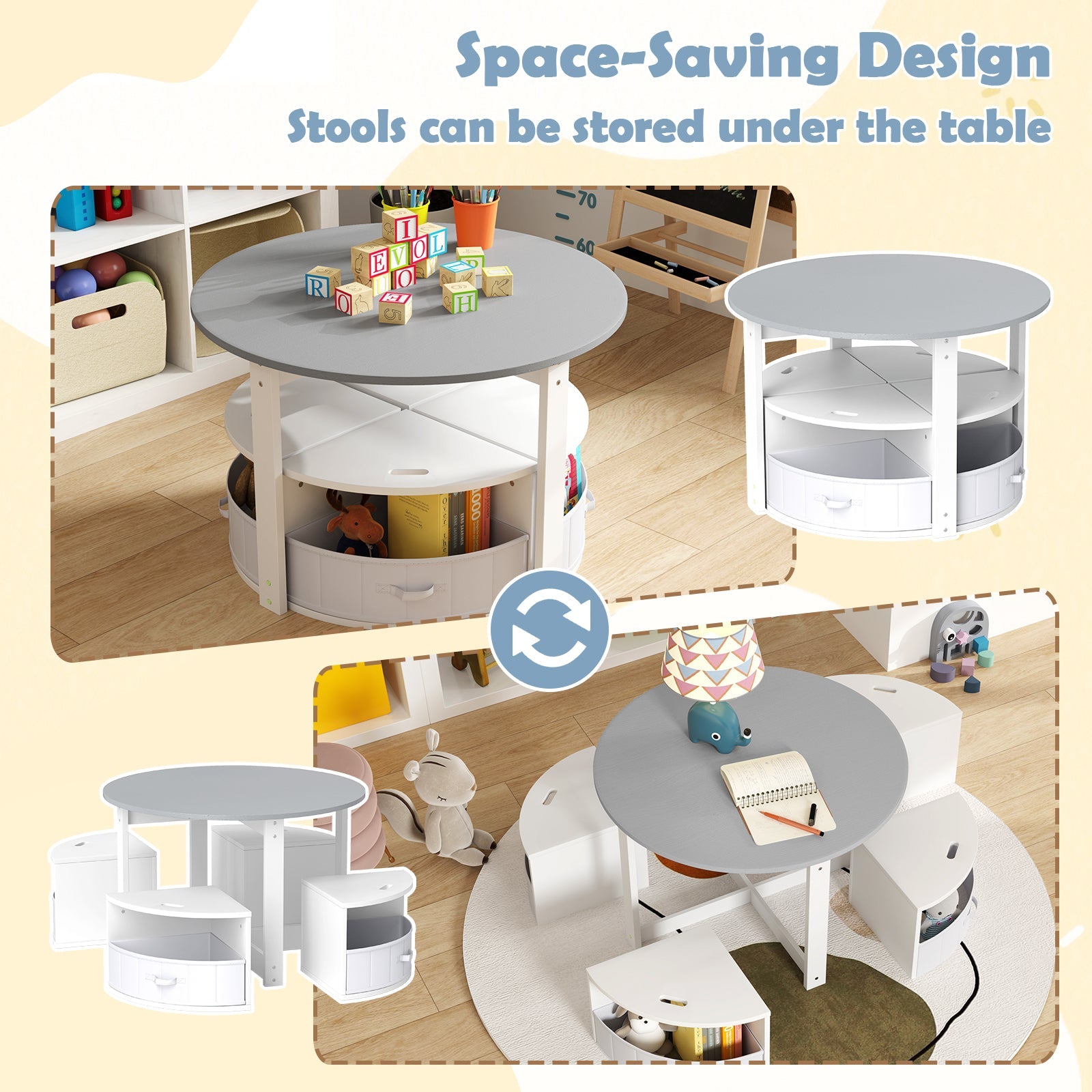 Kids Table and Chair Set, 5 Piece Toddler Round Nesting Table with 4 Storage Stools for Activity