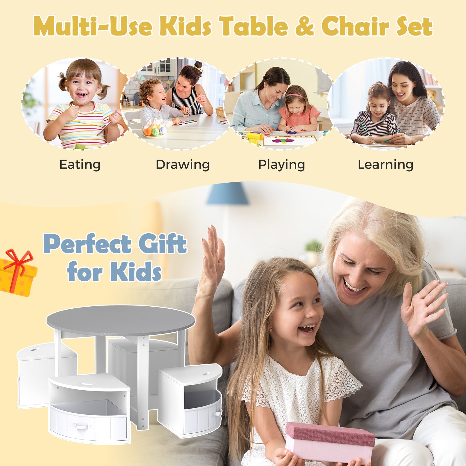 Kids Table and Chair Set, 5 Piece Toddler Round Nesting Table with 4 Storage Stools for Activity