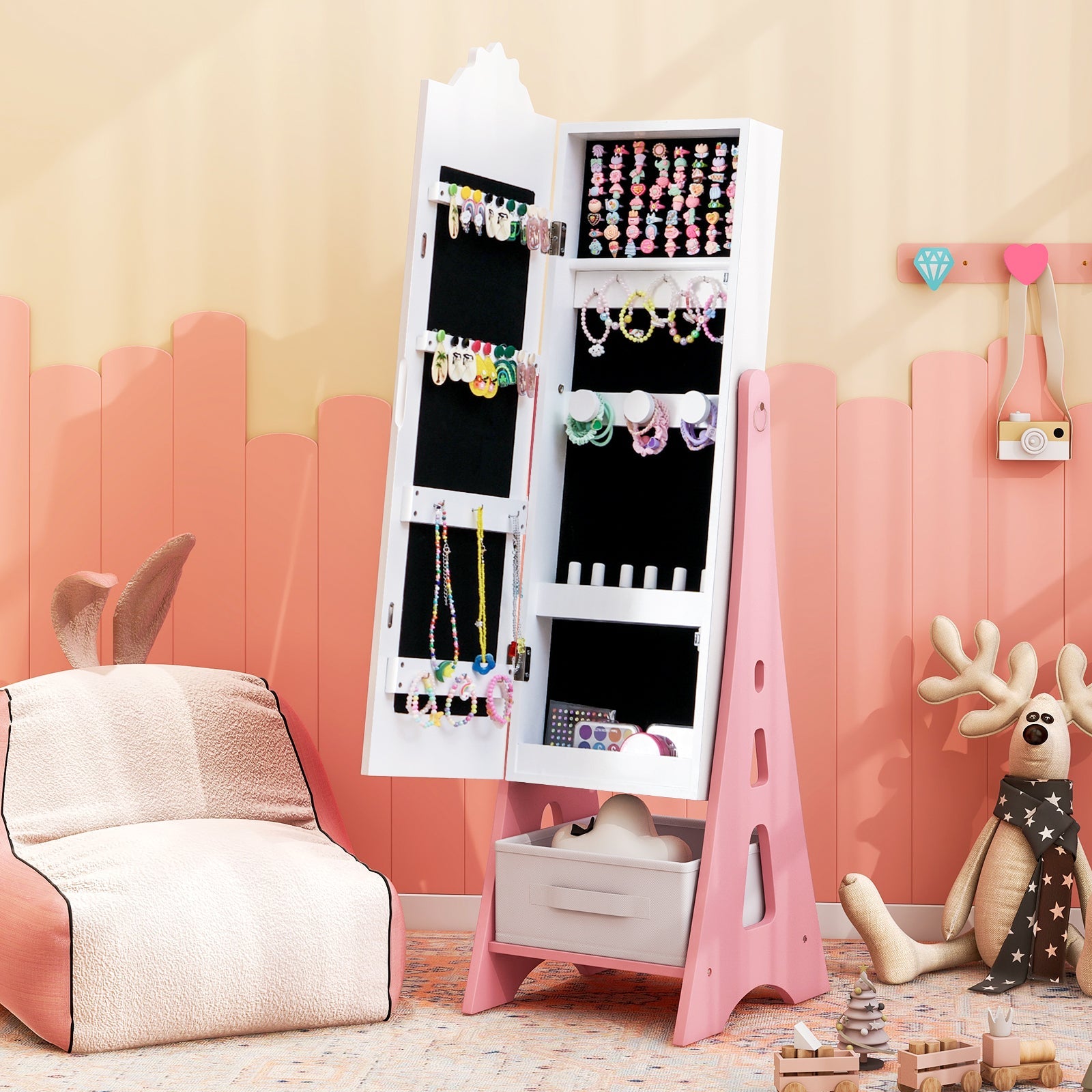Kids Jewelry Armoire Cabinet, Free-Standing Full Length Mirror with Storage and 2 Tilt Angles