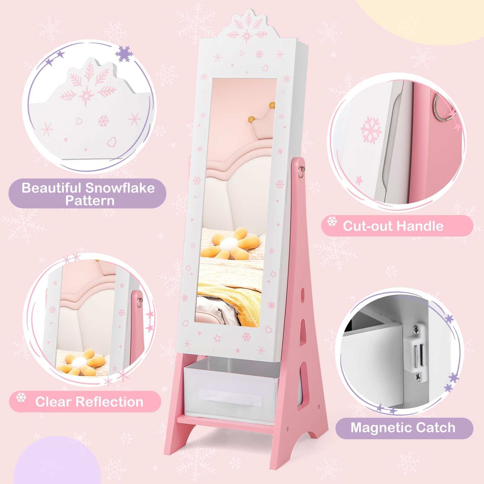 Kids Jewelry Armoire Cabinet, Free-Standing Full Length Mirror with Storage and 2 Tilt Angles