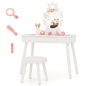 HONEY JOY Kids Vanity Set with LED Lighted Mirror & Stool