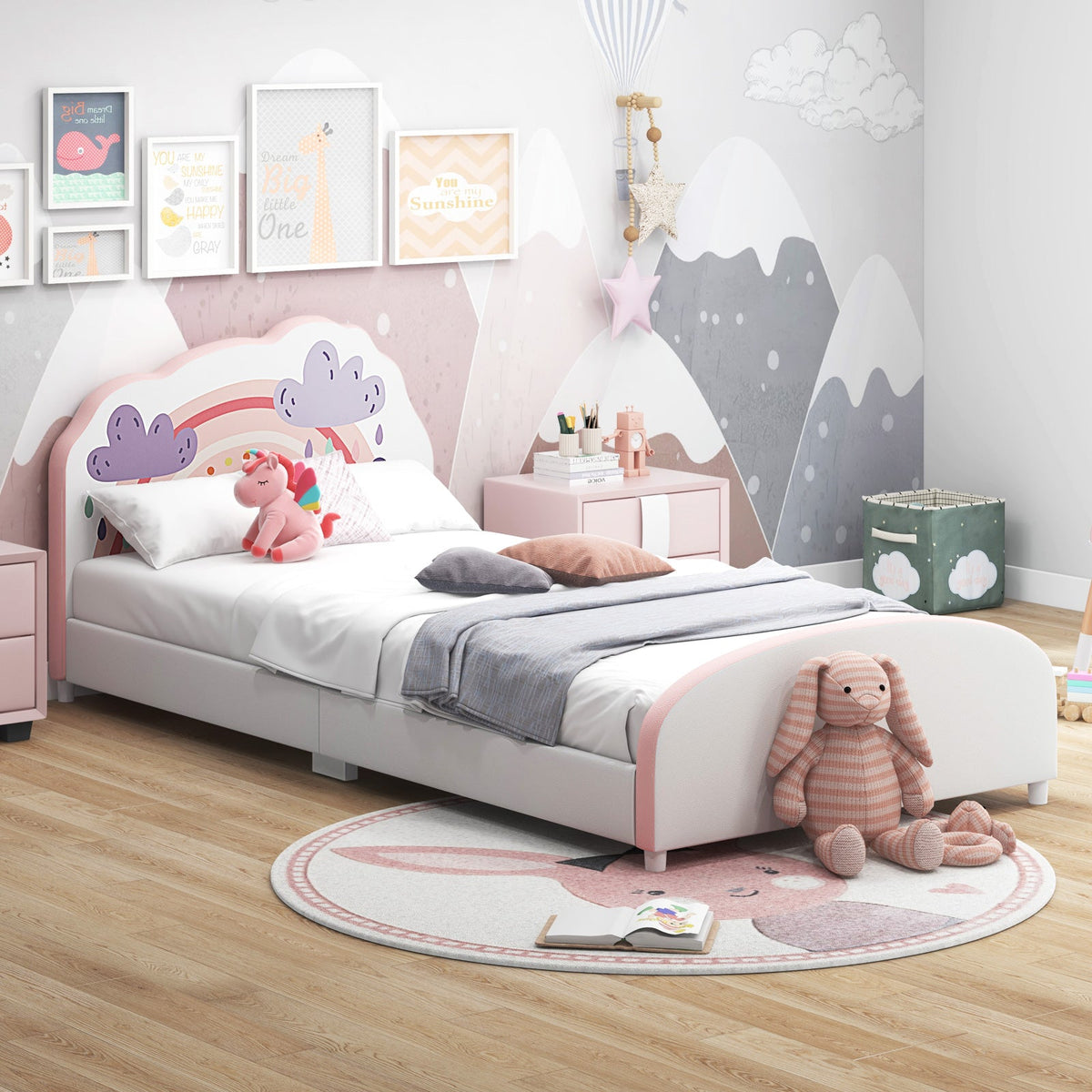 HONEY JOY Single Bed Frames for Kids, Wood Upholstered Twin Bed Platform with Slat Support