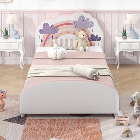 HONEY JOY Single Bed Frames for Kids, Wood Upholstered Twin Bed Platform with Slat Support
