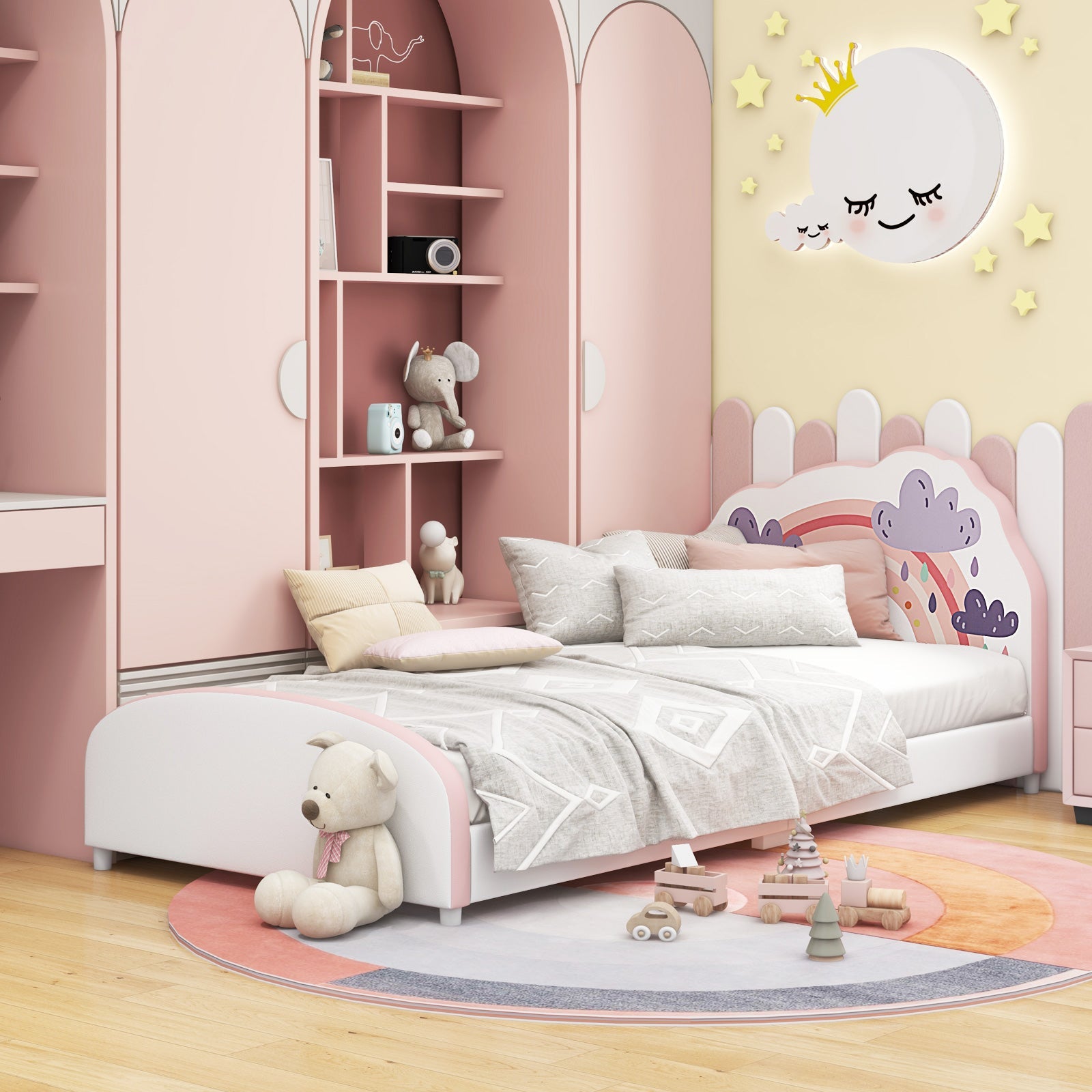 HONEY JOY Single Bed Frames for Kids, Wood Upholstered Twin Bed Platform with Slat Support