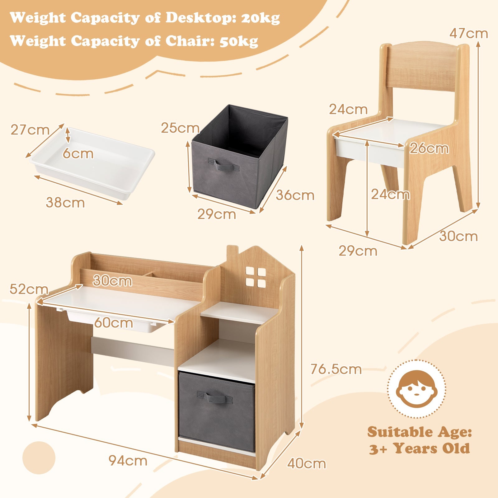 HONEY JOY Kids Study Desk and Chair Set, Children Study Table