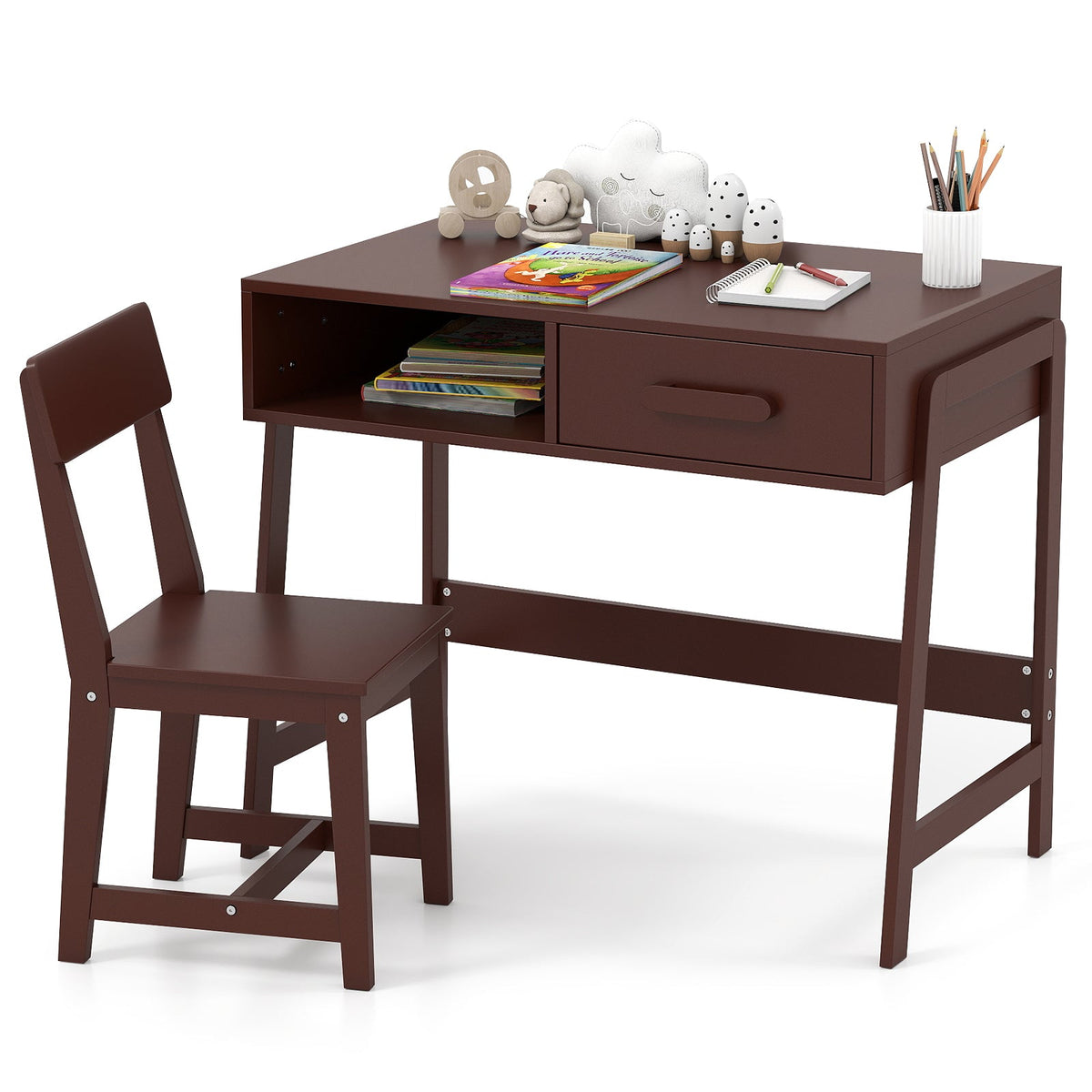Wooden Children Study Table Set with Storage Drawer and Hutch