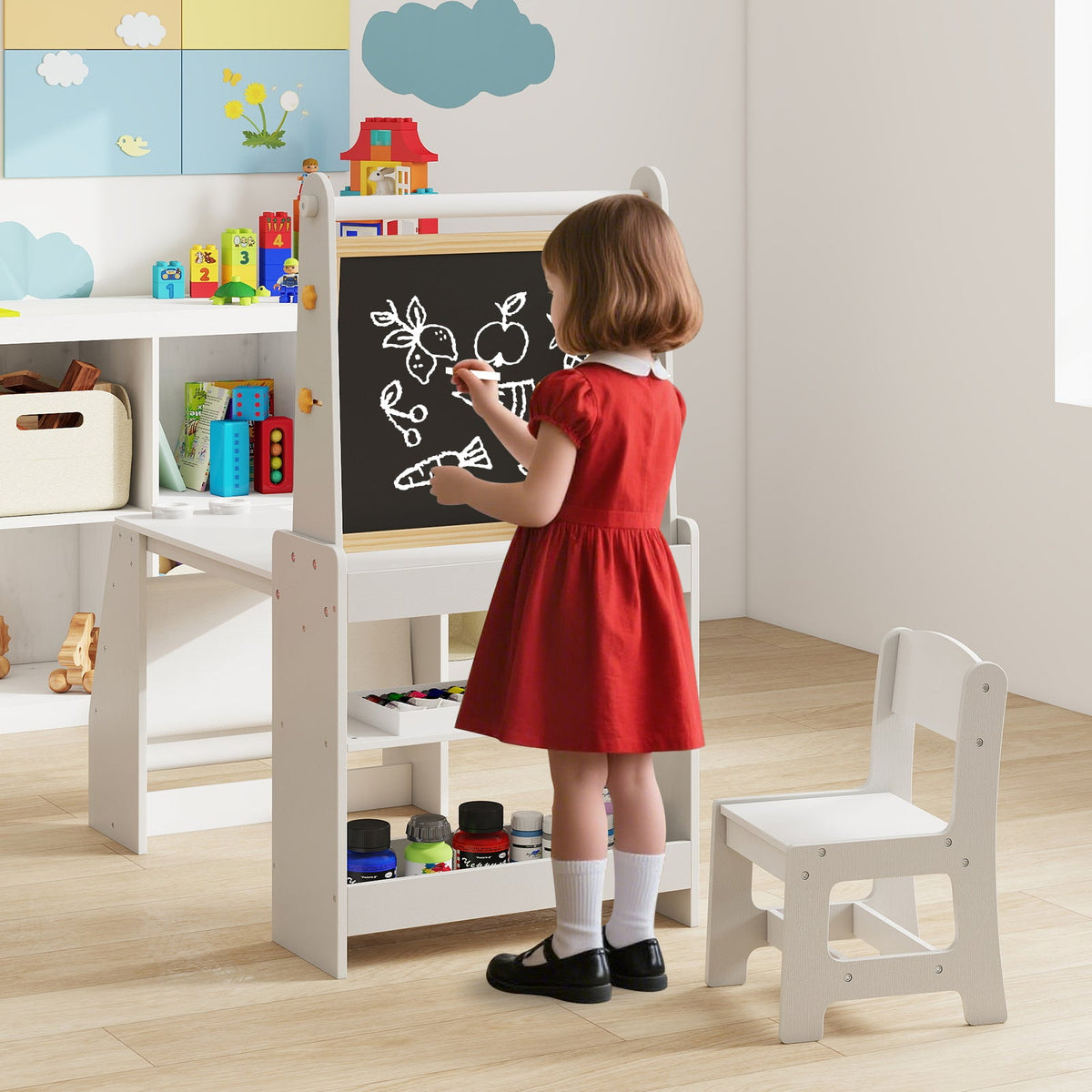 Kids Art Table and Chair Set, Multifunctional Kids Activity w/ Easel & Chair
